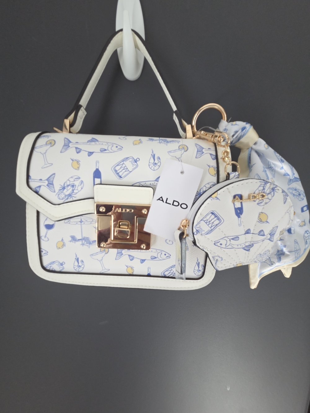 ALDO Beach Wine Lemons Printed Top-Handle Bag with Coin Pouch Charm NWT